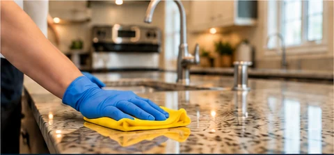 Gloved hand cleaning an interior countertop