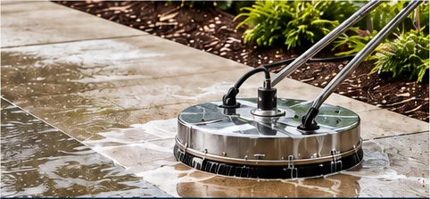 Round surface cleaner pressure washing a concrete sidewalk